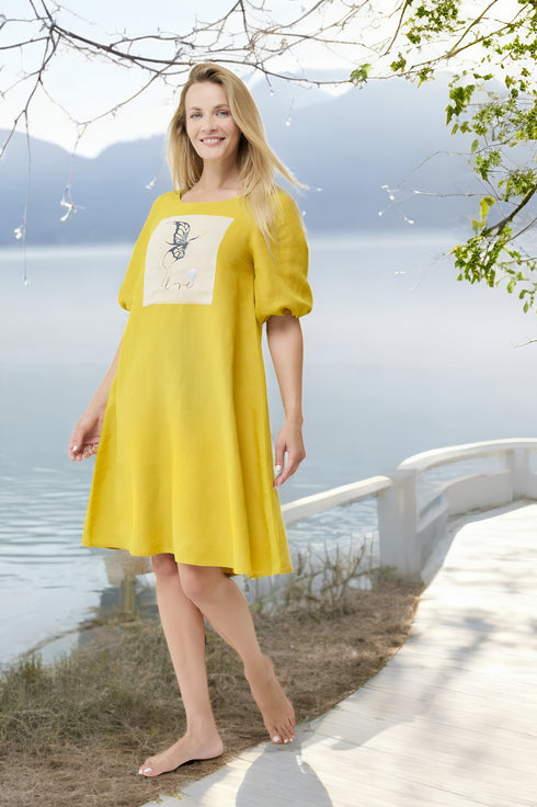 Printed linen dress with half length sleeves & bubble sleeves Madre from Baltic Linen